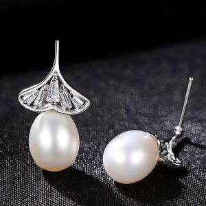 •Dainty Pearl Mushroom Umbrella S925 Silver Stud Earrings- Ginkgo Leaf Accent CZ